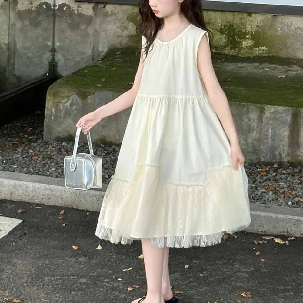 Elegant Loose Girls Sleeveless Dress Lace Mesh Pleated Summer Kids Dresses Teenagers Sweet Children Princess Dress Holiday