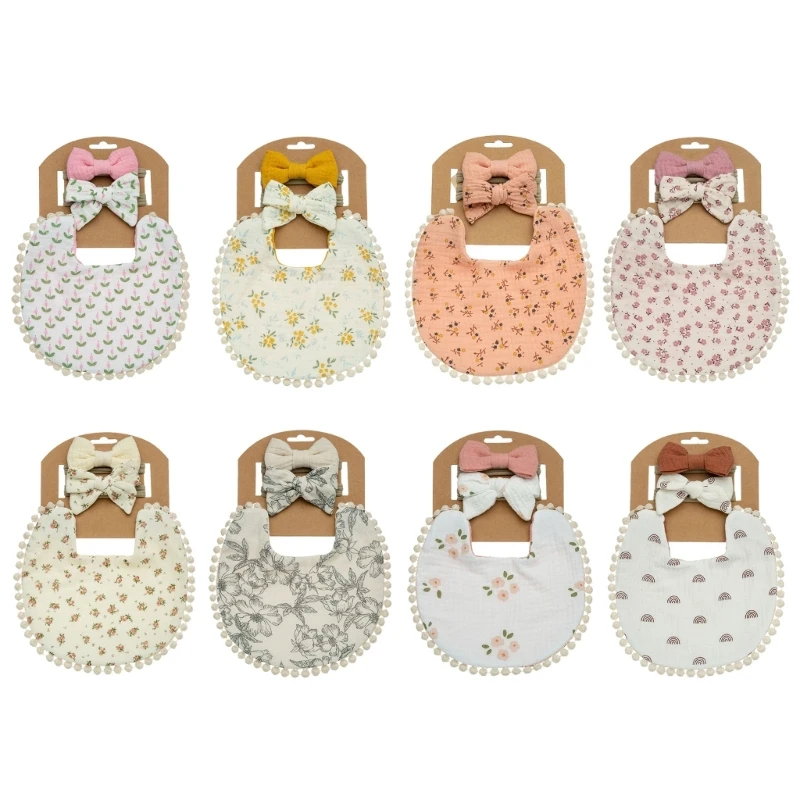 

127D Upgraded Baby Bibs Newborn Saliva Towel with Floral Print Baby Girls Boys Bow Headband Double Side Baby Bibs Durable