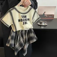 Summer Children's Clothing Girl Set Fashionable Letter Stroke Edge Short Sleeved T-Shirt+Street Style Irregular Plaid Half Skirt