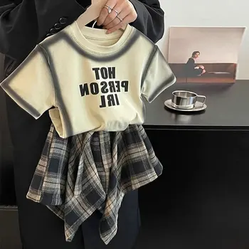 Summer Children's Clothing Girl Set Fashionable Letter Stroke Edge Short Sleeved T-Shirt+Street Style Irregular Plaid Half Skirt