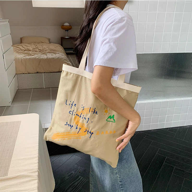 Canvas Bag For Women Letter Print Shoulder Bag Zipper Summer Handbag