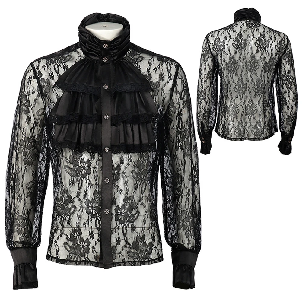 Blouse Mens Shirt Pirate Shirt Ruffled Slight Stretch Stand-Up Collar Tops Unisex Vampire Victorian Vintage Comfy