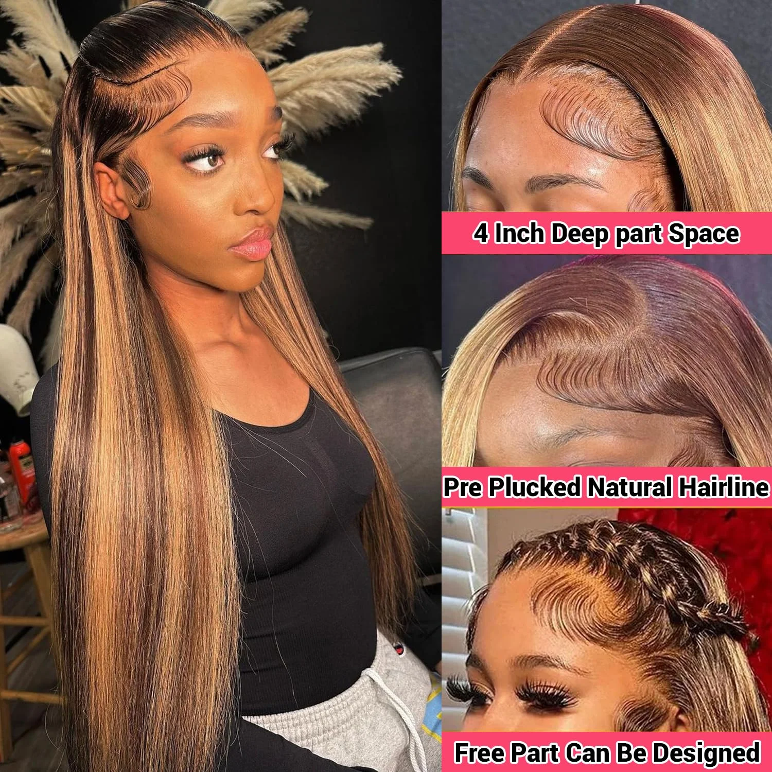 Bleached Highlight Wigs Human Hair Lace Frontal Wig Brazilian Straight Human Hair Wigs 13X4 Lace Front Wig 4X4 Closure Wig
