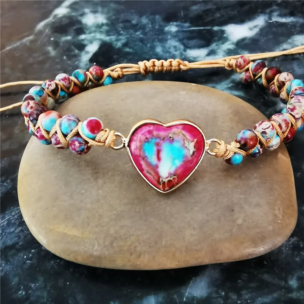 Bohemian handmade bracelet with heart charm centerpiece