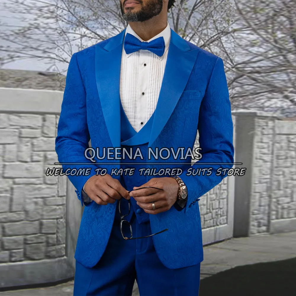 

Элегантные банкетные костюмы, мужской сатиновый свадебный смокинг с лацканами для жениха, королевский синий жаккардовый пиджак + пуховик + брюки, мужской свадебный костюм