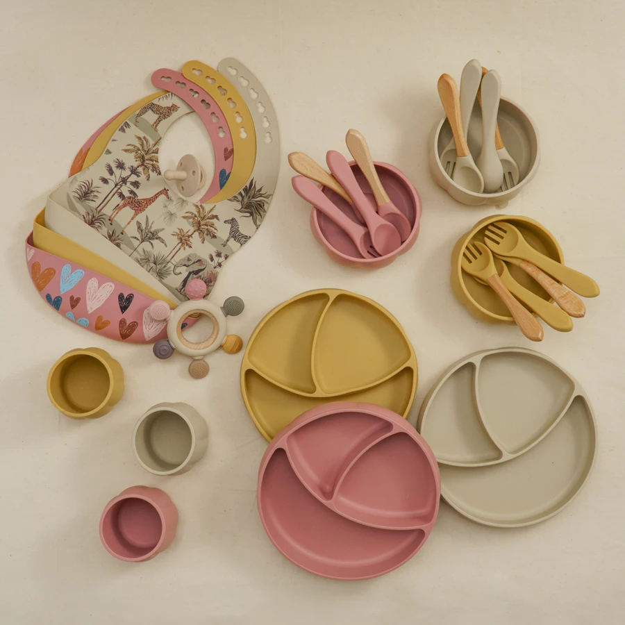 BPA Free Baby Accessories Children's Tableware Silicone Bib Food Container Feeding Baby Dishes Plates Sucker Bowl Spoon Cup 2