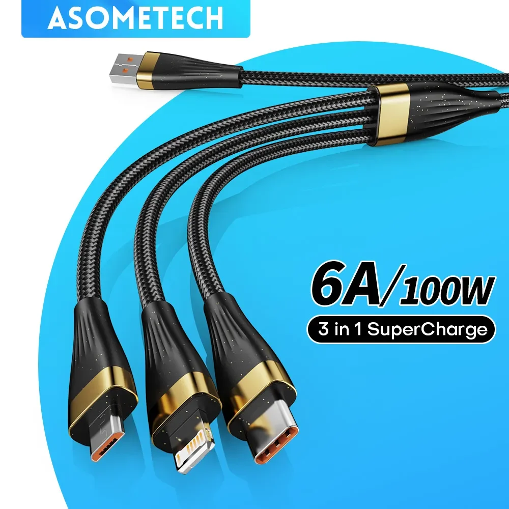 ASOMETECH 3 In1 Fast Charging Cable USB Type C Micro Portable 6A 100W Multiple Usb Charging Cord for IPhone14 13 Pro Samsung Xiaomi Huawei