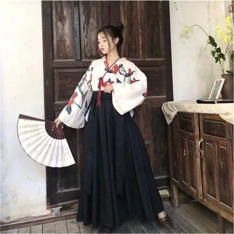 Kimono Sakura Girl Japanese Style Floral Print Vintage Dress Woman Oriental Camellia Love Costume Haori Yukata Asian Clothes