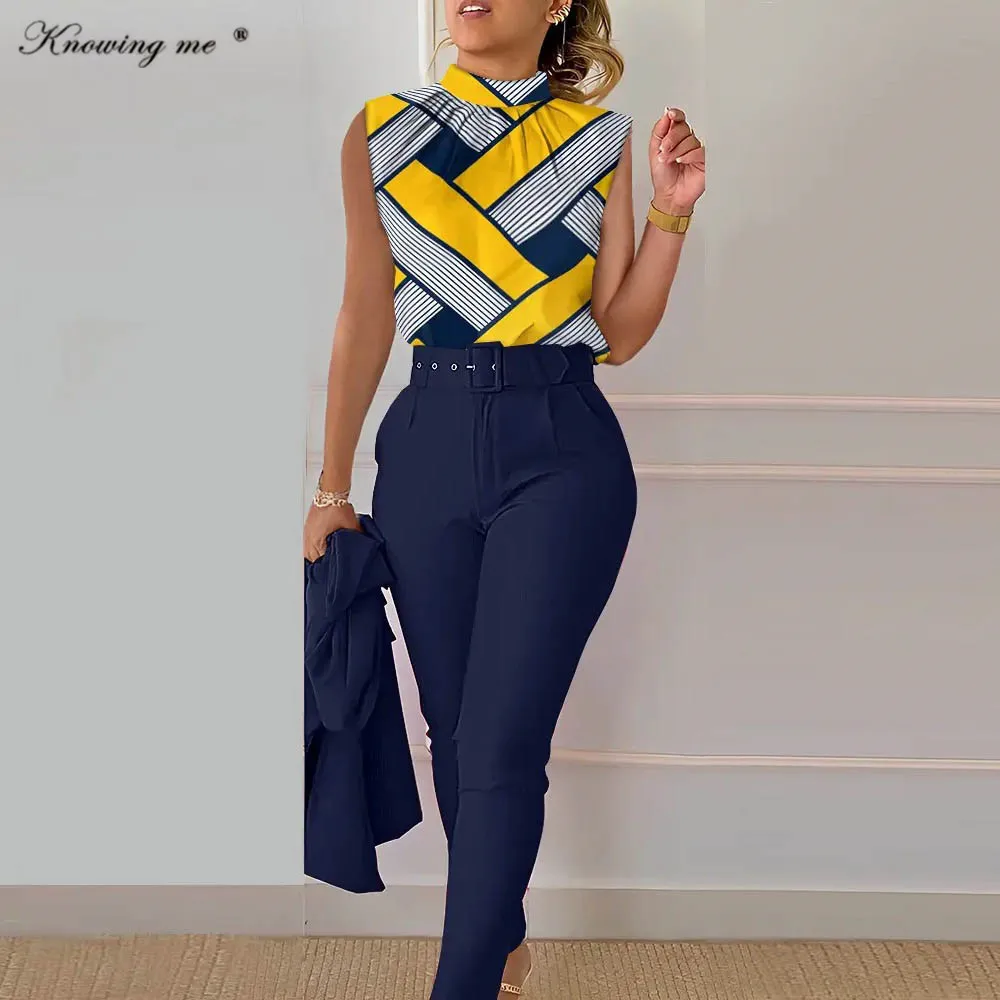 

Женский элегантный спортивный костюм, летний пуловер без рукавов и длинные брюки-карандаш, комплект из 2 предметов, женский модный костюм с поясом