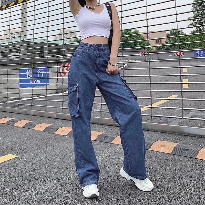 Retro Big Pocket Loose Straight Jeans Women Blue High Waist Casual Pants Spring Autumn Fashion Street Denim Pants Long Trousers m 4xl fashion wide leg pants women casual elastic high waist loose pants 2020 autumn long solid pants straight trousers femme