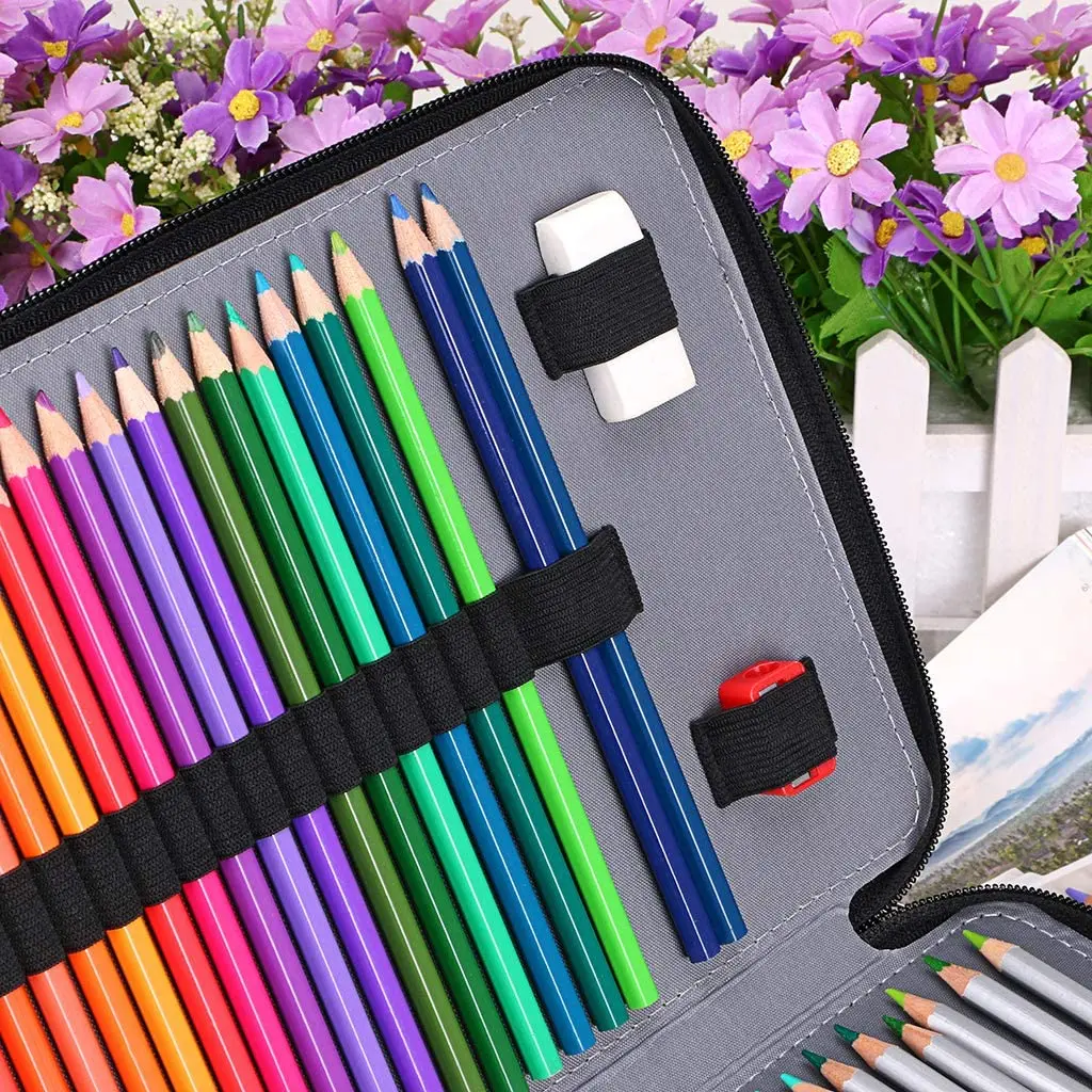 200 Slots Colored Pencil Organizer Deluxe PU Leather Pencil Case Holder With Removal Handle Strap Box for Artist