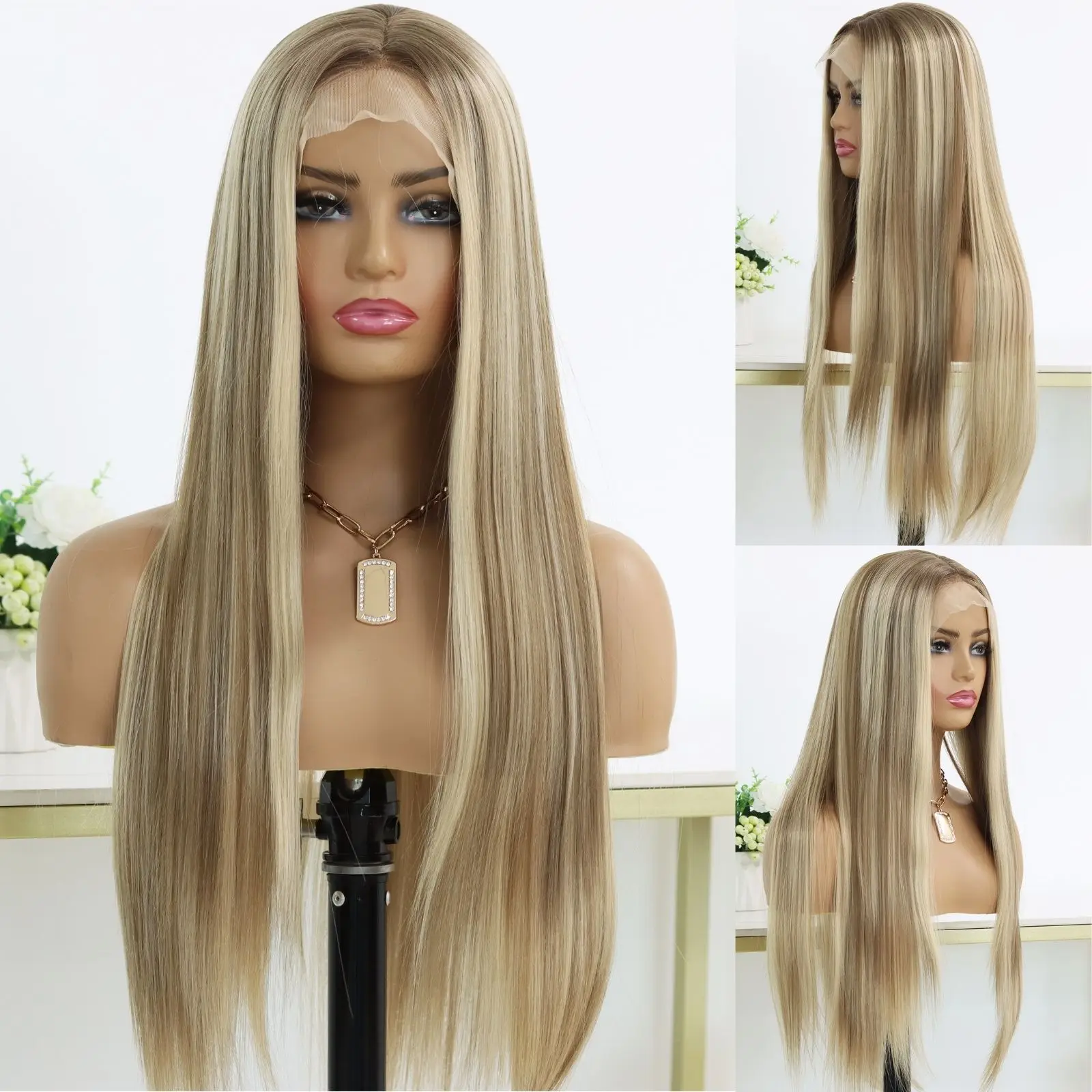 Highlight Honey Blonde 13X4 Lace Front Synthetic Wigs For Women Long Straight Ombre Brown Mixed Blonde Lace Front Wig For Women