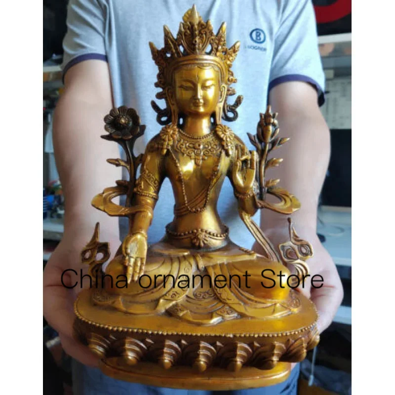 

11 Inch Gold Plated Bronze Buddha White Tara Statue Antique Temple God Bodhisattva Buddhism