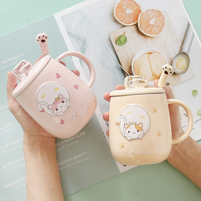 Creative Animated Cute Cat Mugs Ceramic Coffee Mug Phone Holder Lid and Spoon kitten milk coffee ceramic mug office gifts | Дом и сад