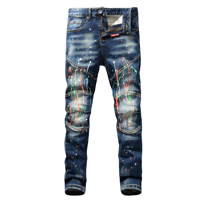 Street Fashion Men Jeans Retro Blue Stretch Slim Fit Painted Ripped Jeans Men Spliced Designer Hip Hop Denim Biker Pants Hombre men jeans ripped jeans ripped patchwork jeans