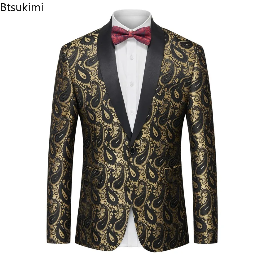 New 2024 Men's Jacquard Blazers Banquet Party Wedding One Button Slim Fit Suit Jackets Stage Singer Host Costume Men Suit Coats