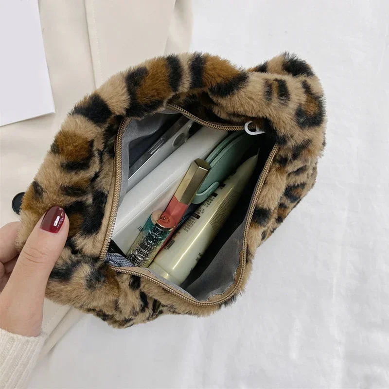 Y2k Korean Plush Retro Print For Women Underarm Leopard Zebra Pattern Fluffy Tote Bags Small Purses Handbags_voghion.com