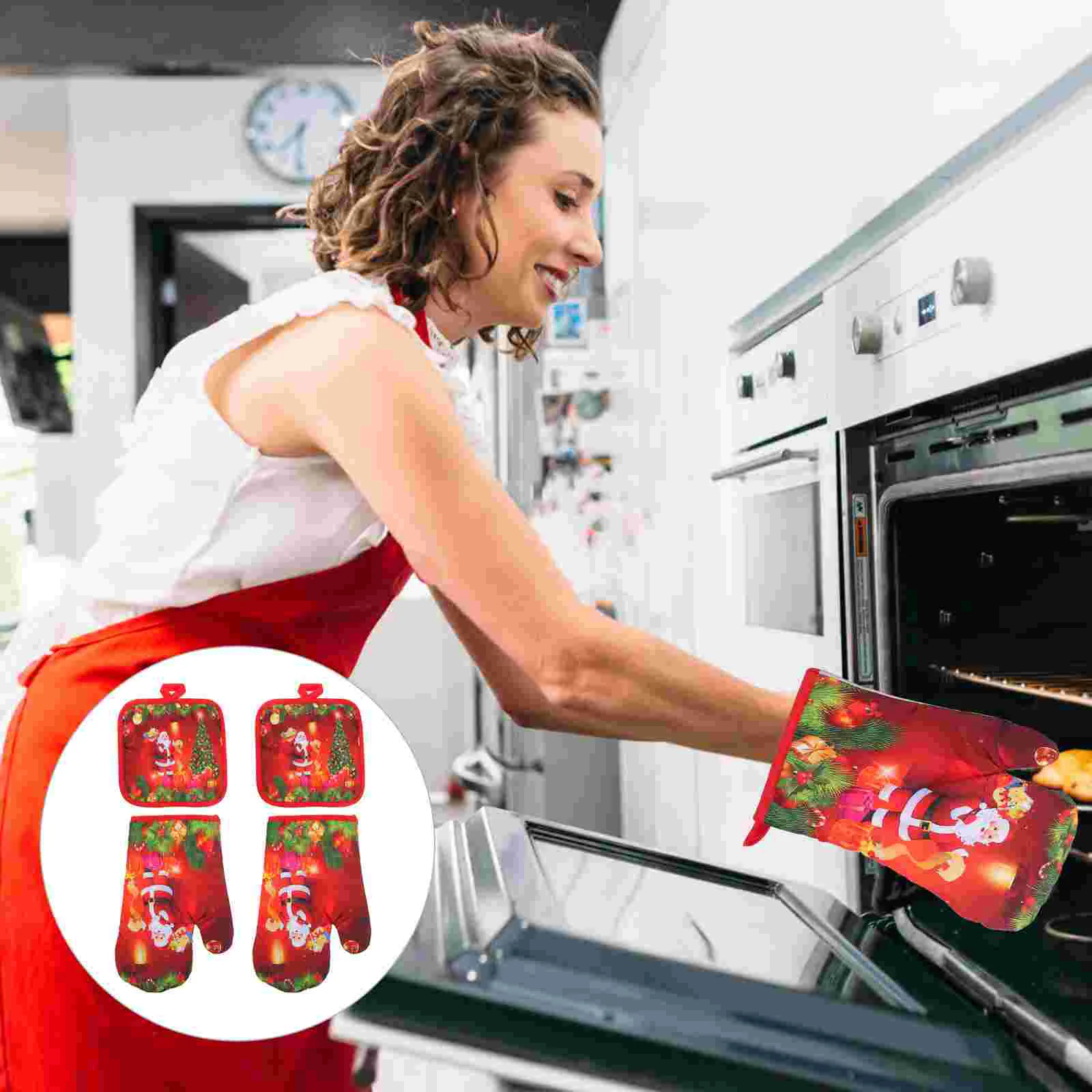 

4pcs Christmas Oven Mitts and Hot Pads Sets Santa Claus Heat Resistant for Microwave Grilling Cooking Red