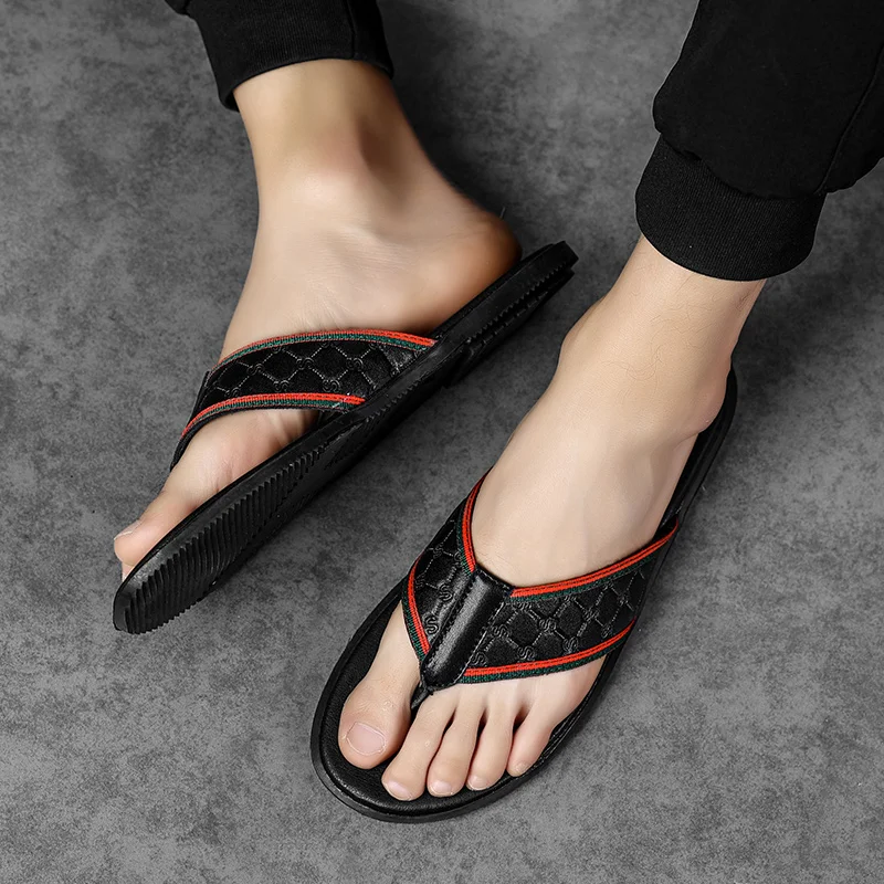 Summer Men's Leather Flip Flop New High Quality Shoes for Men Outdoor Soft Comfortable Slippers Mens Flat Slip-on Beach Sandals