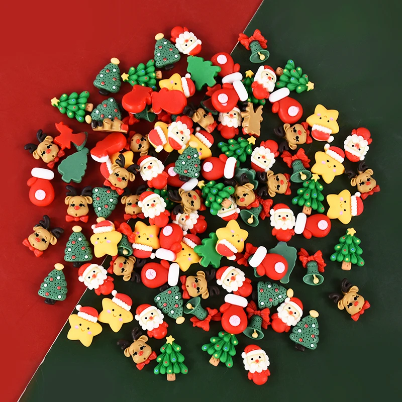 20pcs Mini Christmas Resin Figurine Crafts Cute Reindeer Xmas Tree Santa Claus Flatback Cabochon Ornaments DIY New Year Gifts