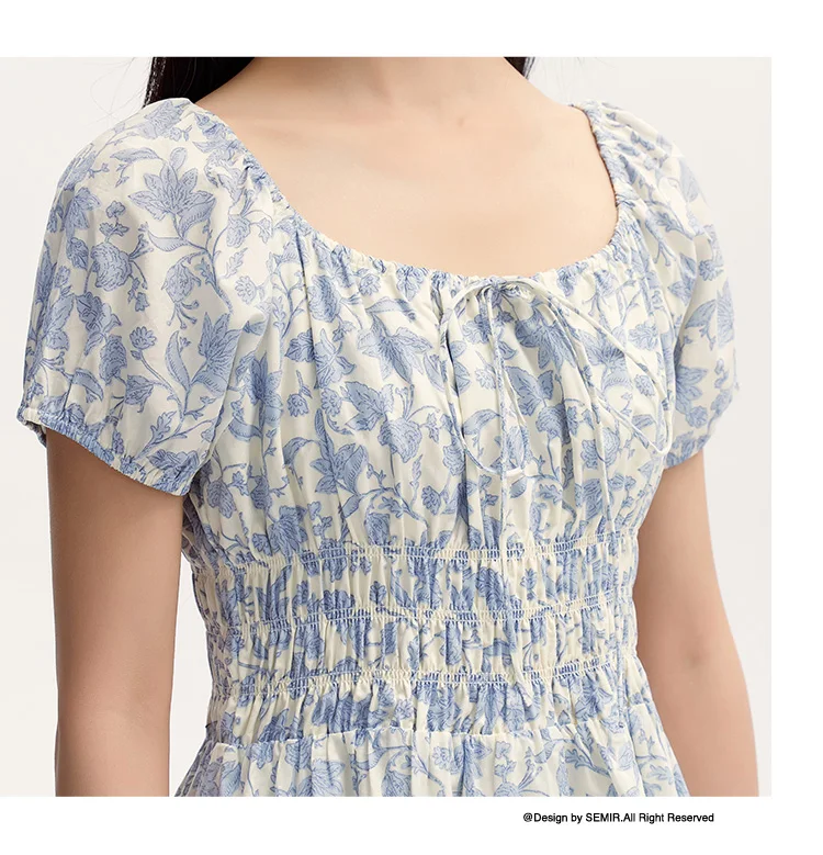 Dress Women Gentle And Elegant Summer New French-Style Square Collar Waist Cinched Mid-Length Fresh