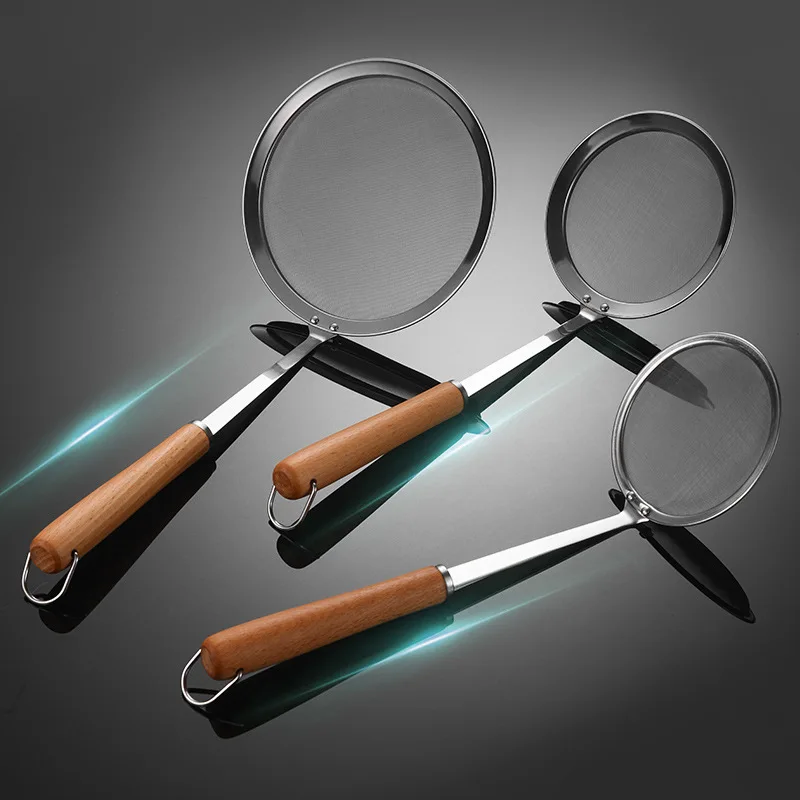 Stainless Steel Fine Mesh Strainers Filter Spoon Hot Pot Skimmer Ladle with Wooden Handle Frying Scoop Noodles Dumpling Sieve