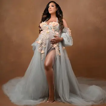 3D Flowers Maternity Photoshoot Dress Off the Shoulder Long Sleeves Prom Gown for Baby Shower Customized vestido de novia