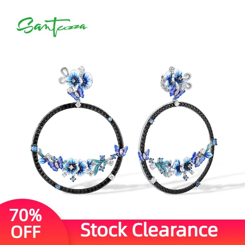 

SANTUZZA Pure 925 Sterling Silver Earrings For Women Delicate Blue Flowers White CZ Butterfly Gift Fine Jewelry Handmade Enamel