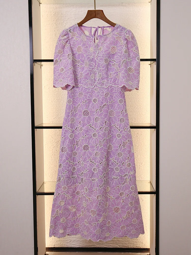 

2024 Summer New Women Midi Dress Daisy Embroidery Hollow Out French Round Neck Puff Sleeve Back Lace-Up Purple Long Robe
