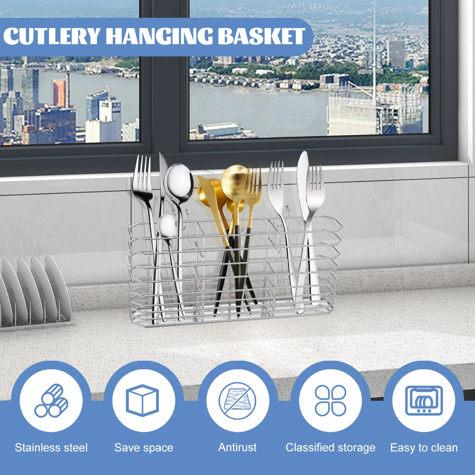 Stainless Steel Utensil Storage Rack Kitchen Chopstick Hanging Holder Cutlery Scoop Storage Basket Sink Countertop Organizers 2