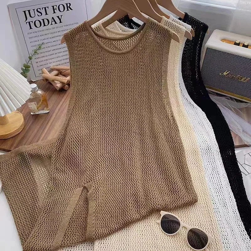 Summer Sleeveless O-neck Loose Women Blouses Fashion Solid Color Elegant Casual Knitted Tops Hollow Out Long Blouses