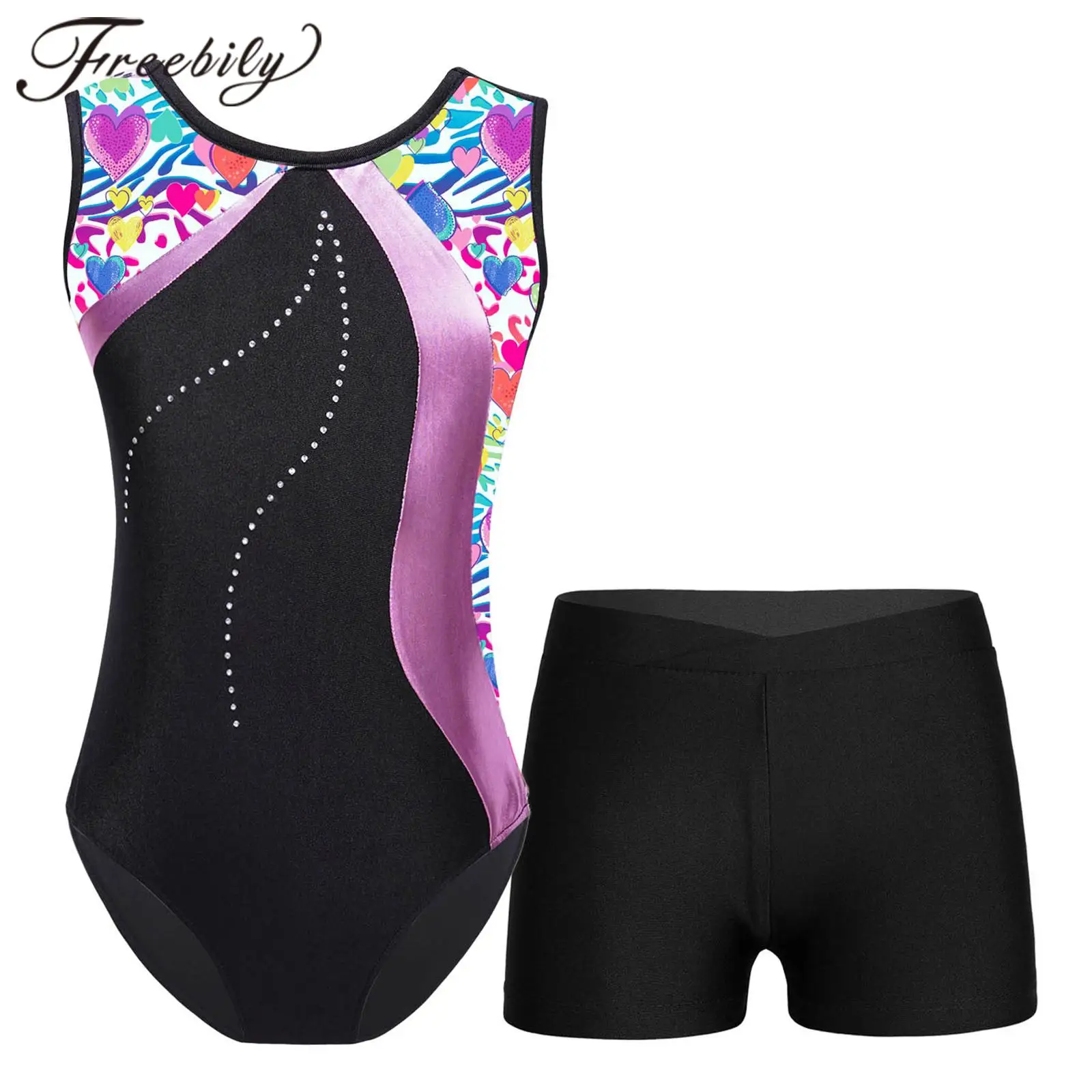 Kids Girls Sleeveless Print Gymnastics Leotard with Shorts Dancewear