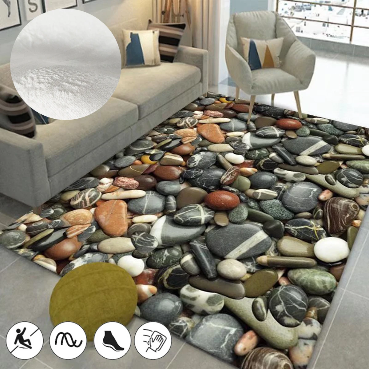 

3D Stereo Vision Carpets for Living Room Decor Landscape Pattern Furniture Rug Cobblestone Seaside Mat Non-slip Crawling Carpet