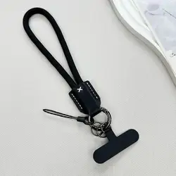Stylish Braided Phone Lanyard with Leather Accents - Durable Outdoor Wrist Strap (Black)