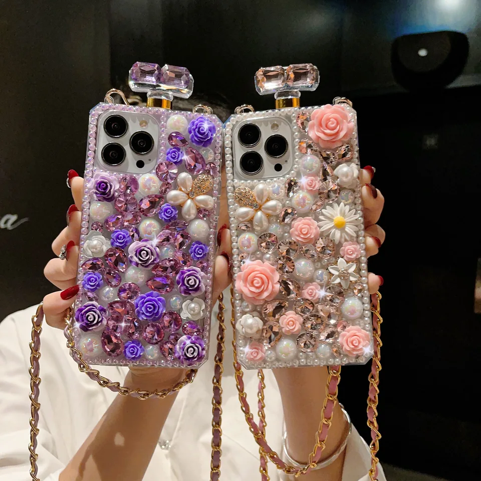 Luxury Perfume Bottle Flower Diamond Bling Women Phone Case