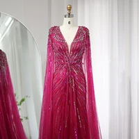 Luxury Dubai Sage Green Evening Dresses with Cape Fuchsia Crystal Gold Elegant Women Wedding Formal Party Gown 399 9