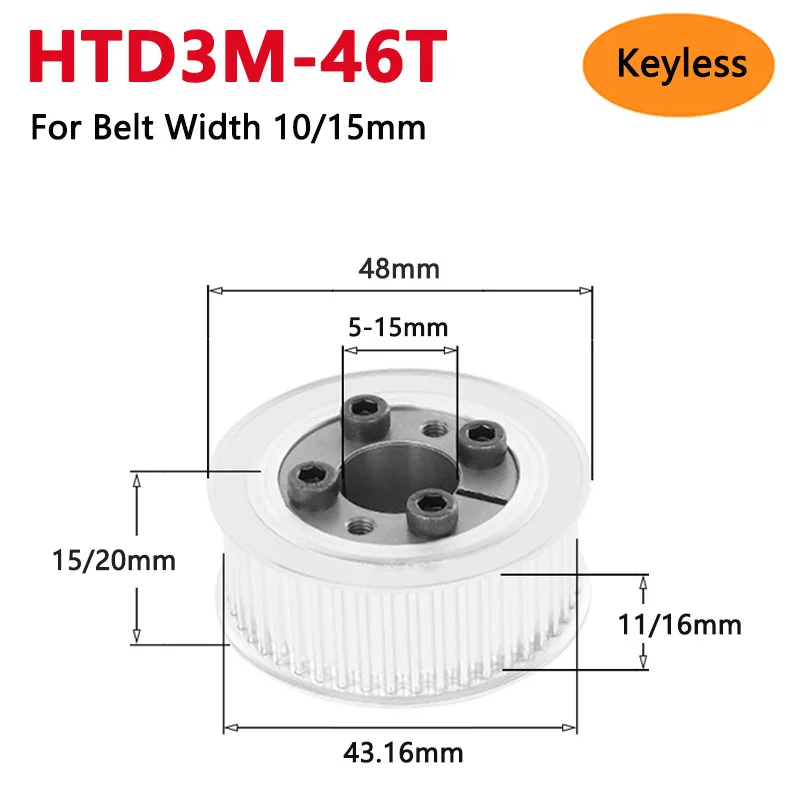 

1pc 46 Teeth HTD3M Keyless Timing Pulley 46T HTD-3M Expansion Sleeve Bushing Synchronous Wheel For Width 10/15mm Bore 5 6-15mm