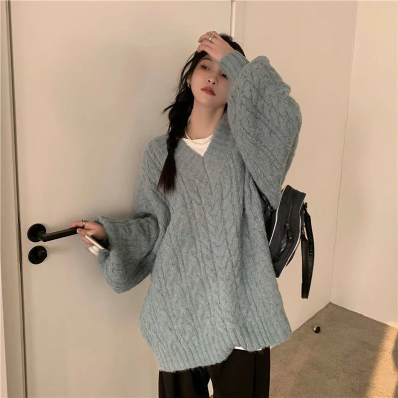 Oversized Sweater Women Fashion Preppy Pink V Neck Knitted Pullovers Harajuku Korean Long Sleeve Knitwear Winter Jumpers