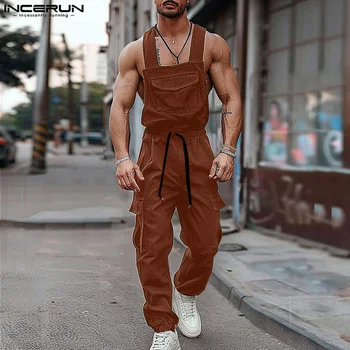 2024 Men Jumpsuits Solid Sleeveless Drawstring Streetwear Straps Rompers Loose Pockets Fashion Casual Cargo Overalls Men INCERUN