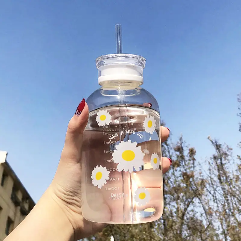380ml Glass Water Bottle Creative Frosted Cup Pop Up Lid Flower