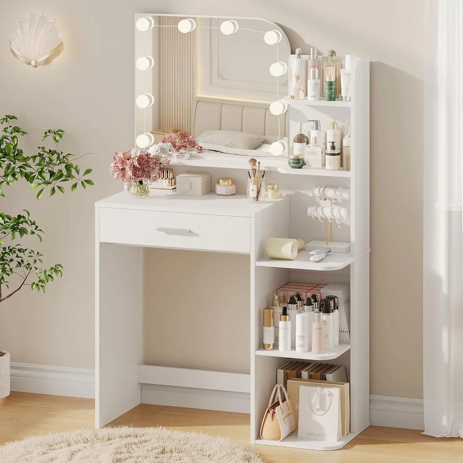Makeup Vanity Desk with Mirror and Lights,Girls Vanity Set with 5 Storage Shelves, Big Drawer, Customized