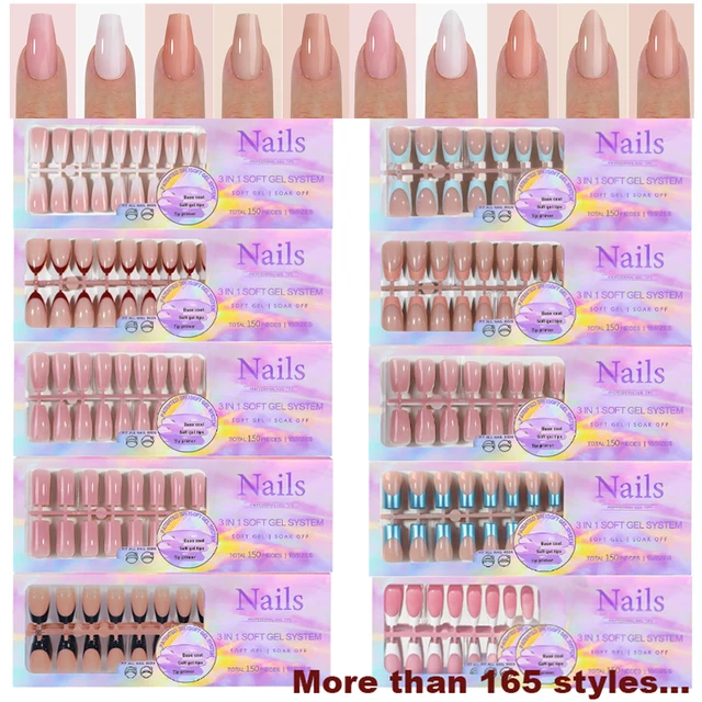 150Pcs/Box Acrylic Press on Nails Full Cover Fake False Tips Soft Gel Extension T-shaped Oval Capsule Almond Sculpted Salon DIY 1