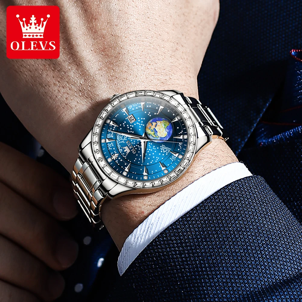 OLEVS Mens Watches Top Brand Luxury Starry Sky Earth Design Quartz Watch For Men Fashion Stainless Steel Date Blue Wristwatch