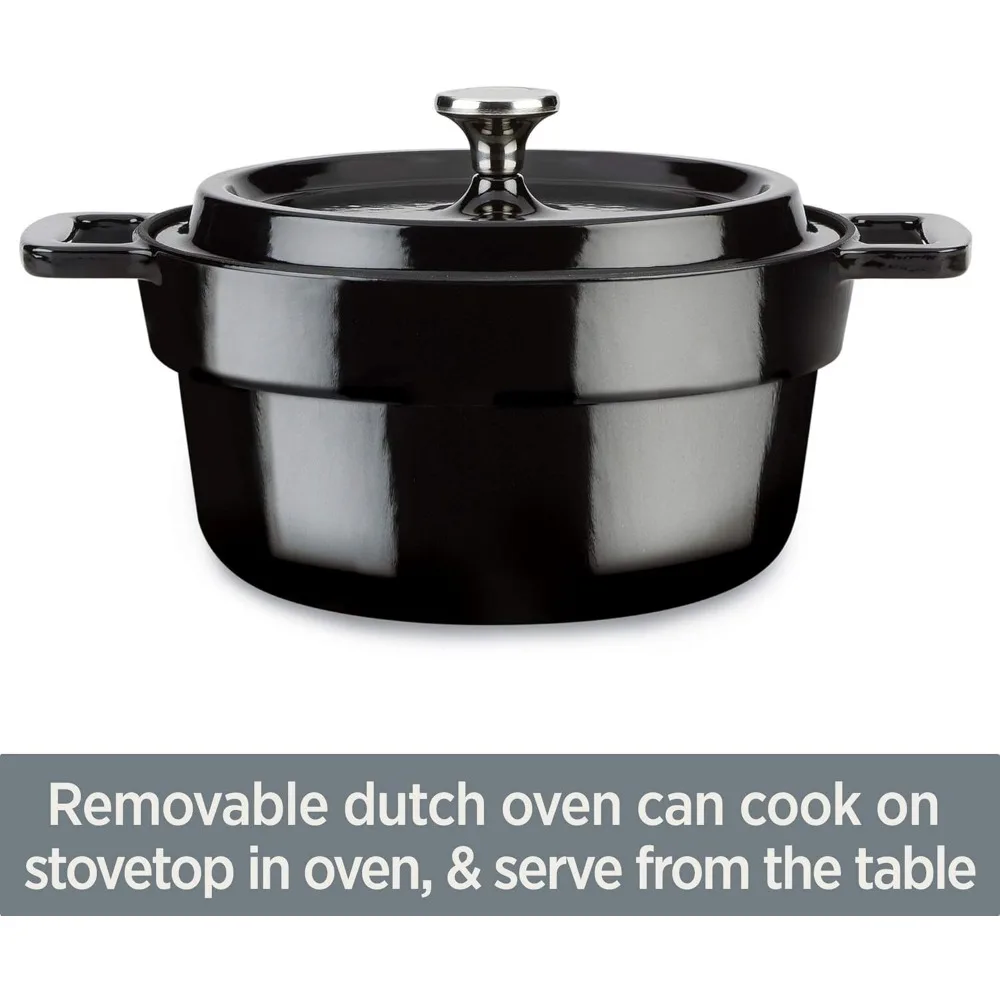 7-in-1 Electric Slow Cooker with Stainless Steel and Cast Iron, 1200W-Black Enamel Crock