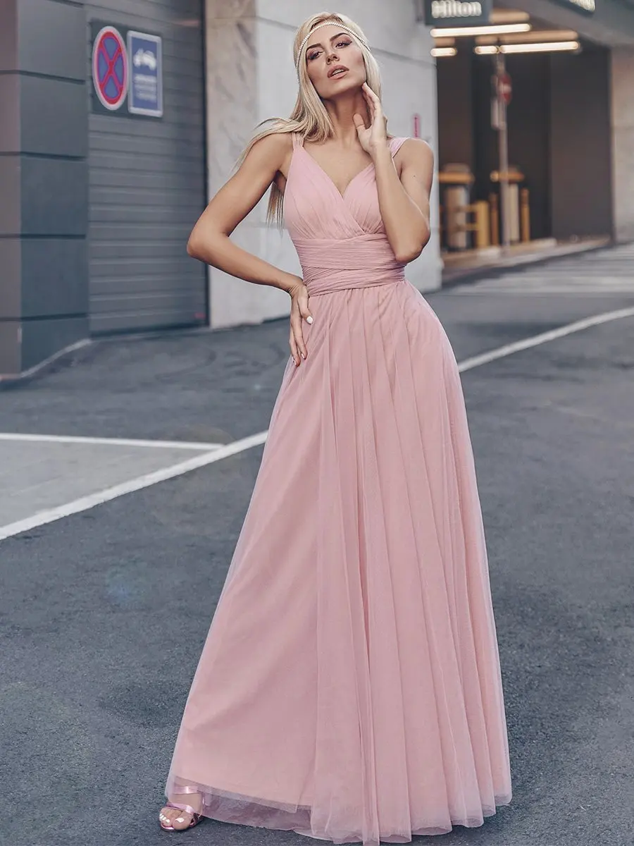 

Luxury Evening Dresses Long A LINE Sleeveles Spaghetti Strap V-Neck Gown 2024 BAZIIINGAAA of Gauze Blush Prom Women Dress