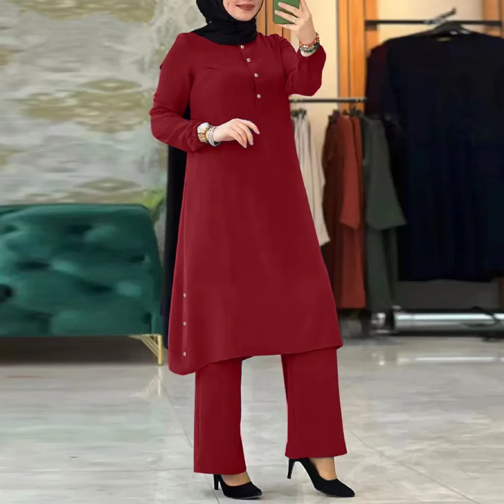 Women's Muslim Two Piece Set Fashion Elegant Solid Colour Irregular Long Shirt Top Wide Leg Pants Robe Abaya Muslim Woman Dubai 3