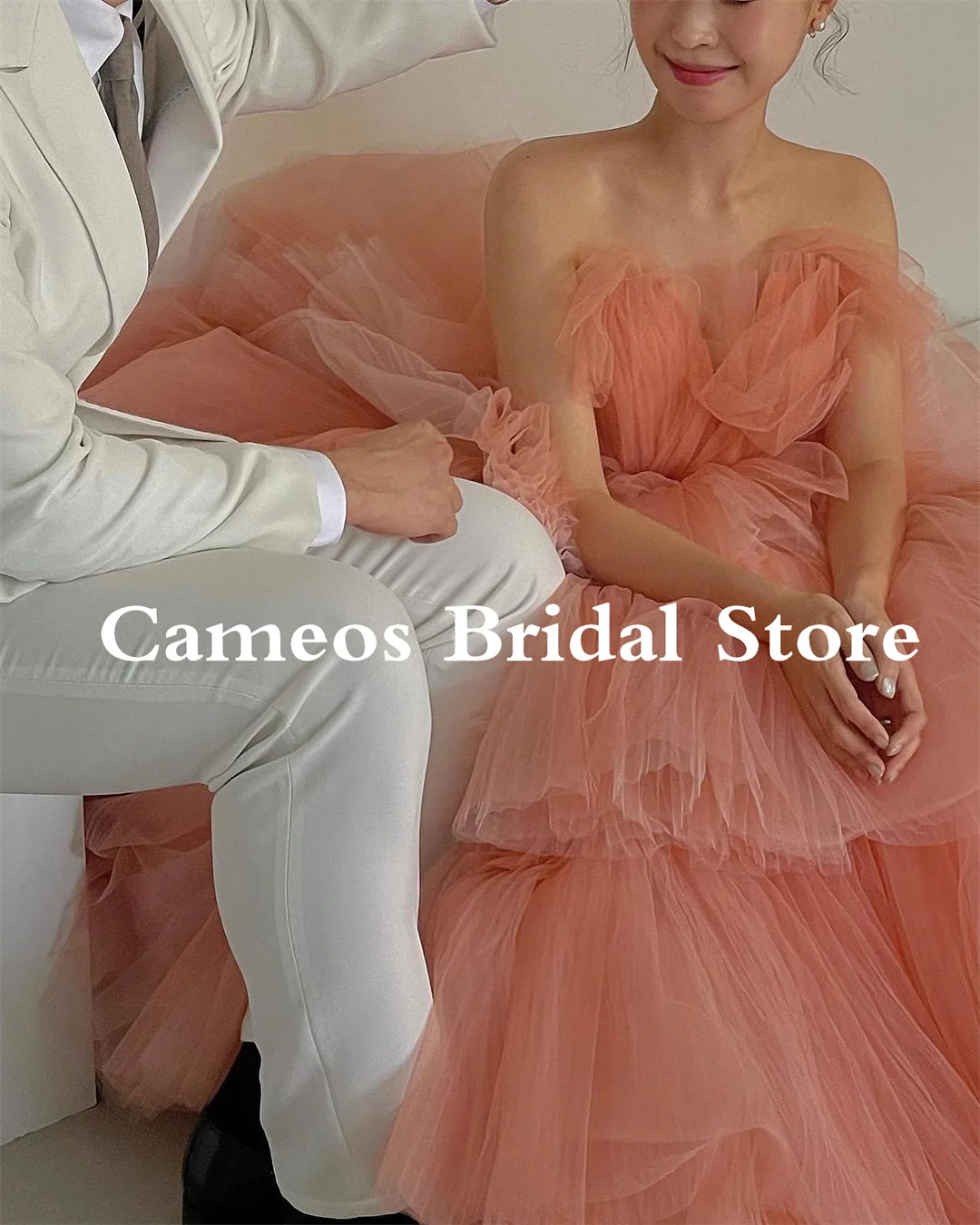 

SONDR Princess 드레스 Ruffled Evening Dress Strapless Custom Made Tulle Tiered Pink Korea Formal Prom Dress Evening Gown Bridal