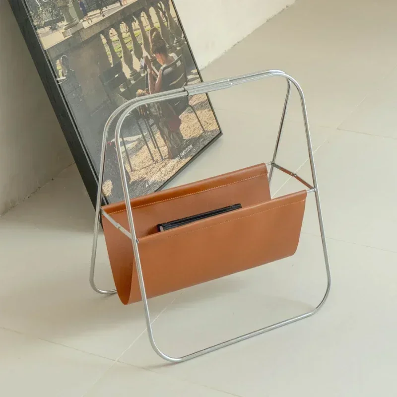 Vintage Light Luxury Leather Magazine Shelf Stainless Steel Foldable Bookcase MidCentury Design Living Room Storage