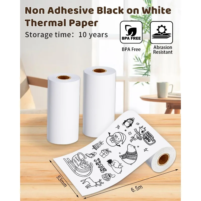 T02/M02X/M02L White Thermal Paper-10-Year Non-Sticky 53mmx6.5m for Journal Photo Texts Study Notes Handwork DIY for Children