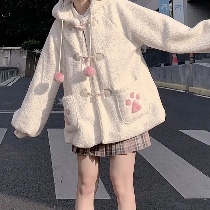 

2022 Winter Soft Girls Kawaii Clothes Fashion New In Embroidery Hooded Loose Students Warm Coats Japanese Style Tops Women